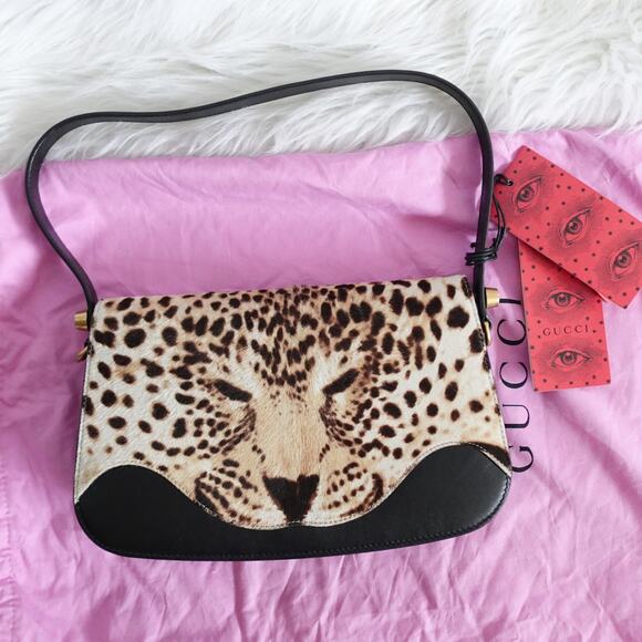 Gucci Leopard Face Animal Print Calf Hair 90s Style Black Leather Shoulder Bag - Picture 1 of 15